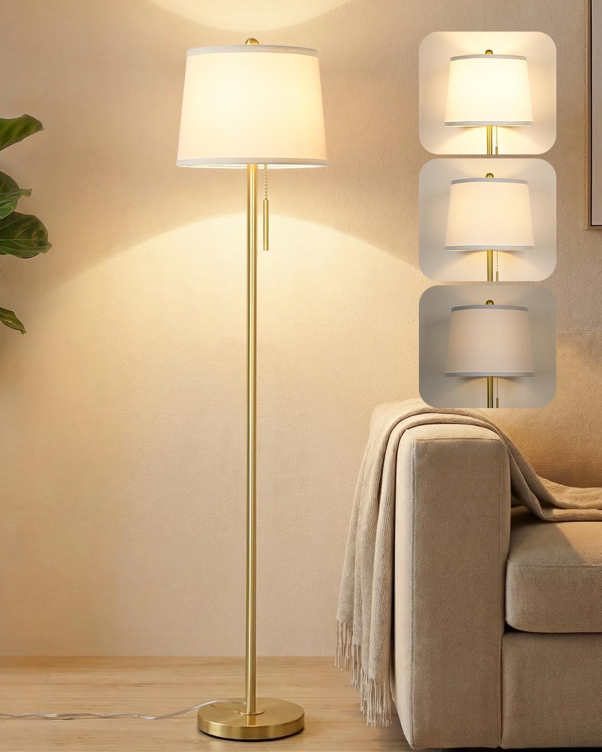 Lámpara pie dorada moderna 63pulg regulable luz 3 vías