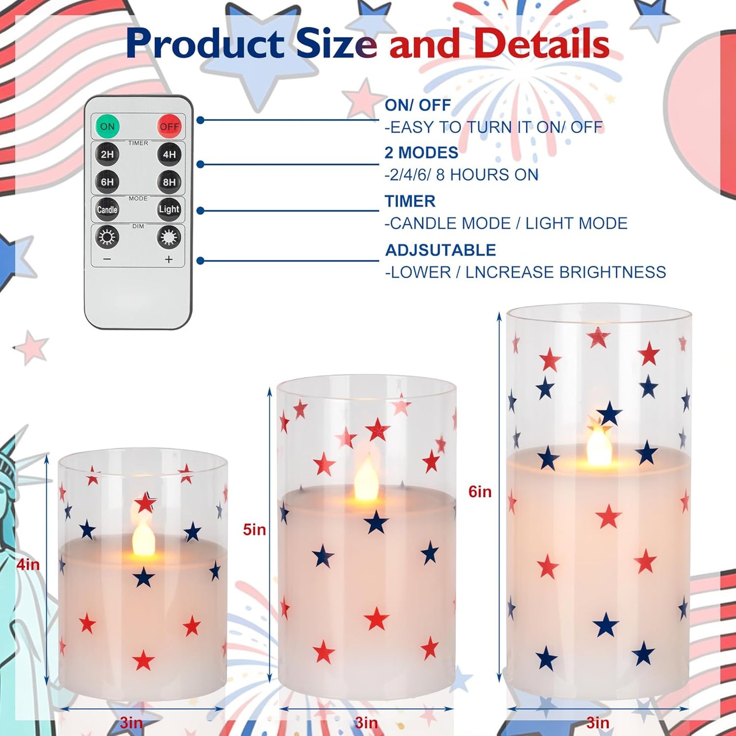 Velas LED 4 de Julio sin llama control remoto 3 pzas