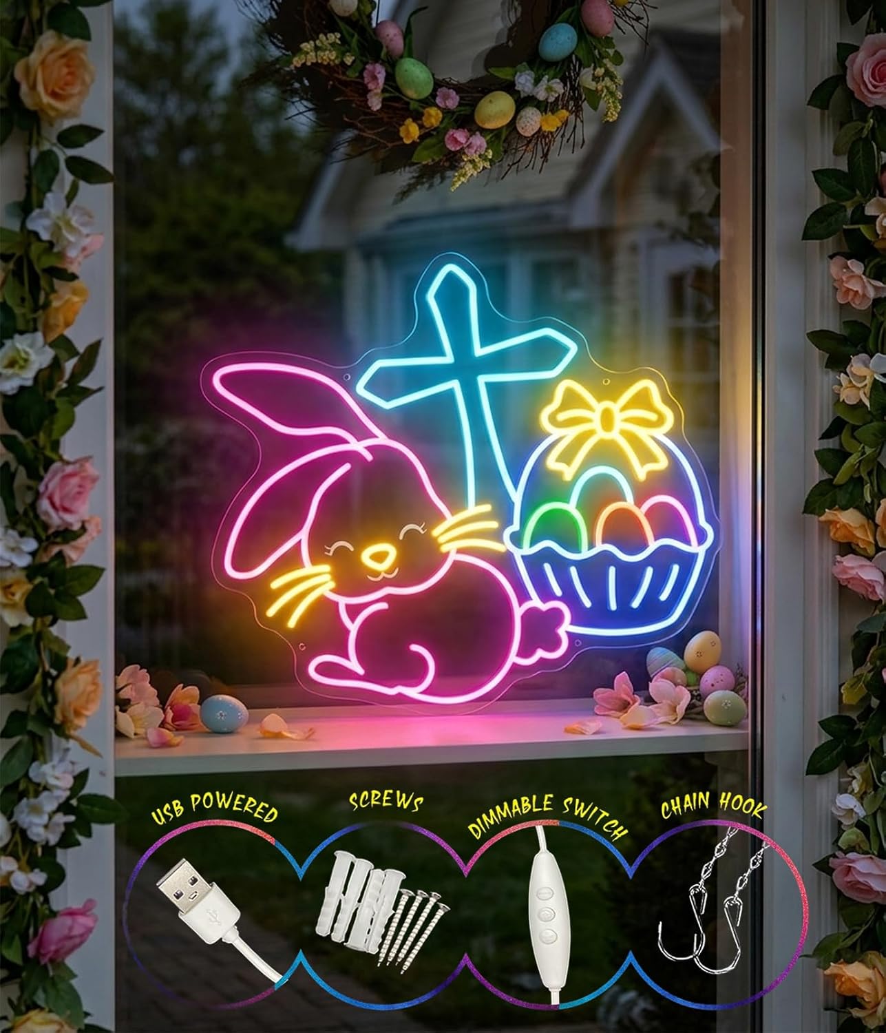 Letreros neón cruz conejo Pascua luces LED USB regulables