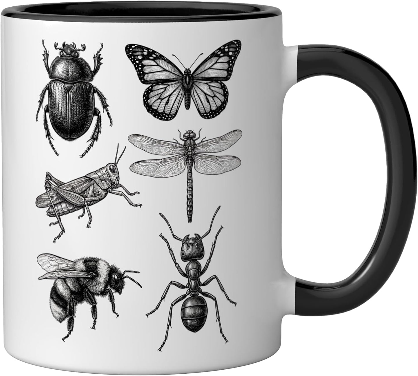 Taza cerámica vintage de insectos y animales retro en negro/blanco