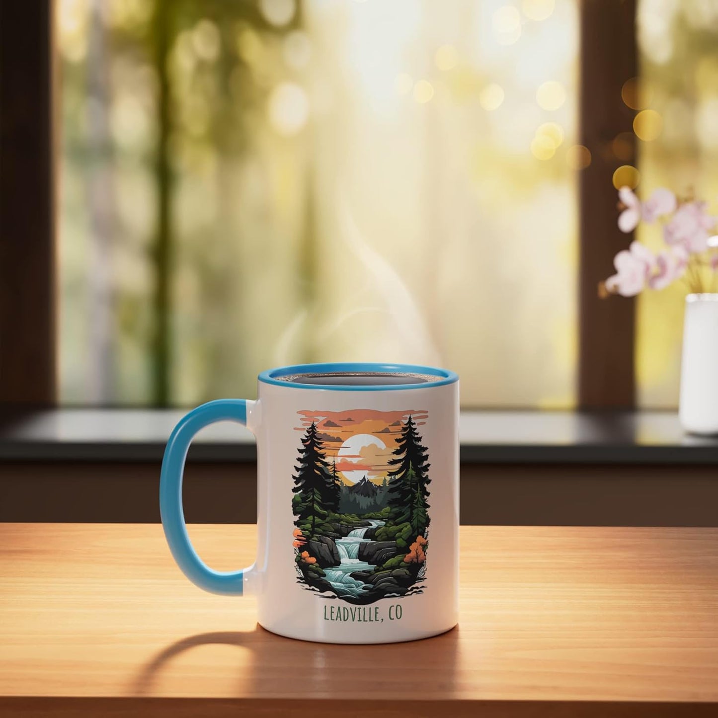 Taza cerámica Leadville Colorado diseño montaña azul/blanco