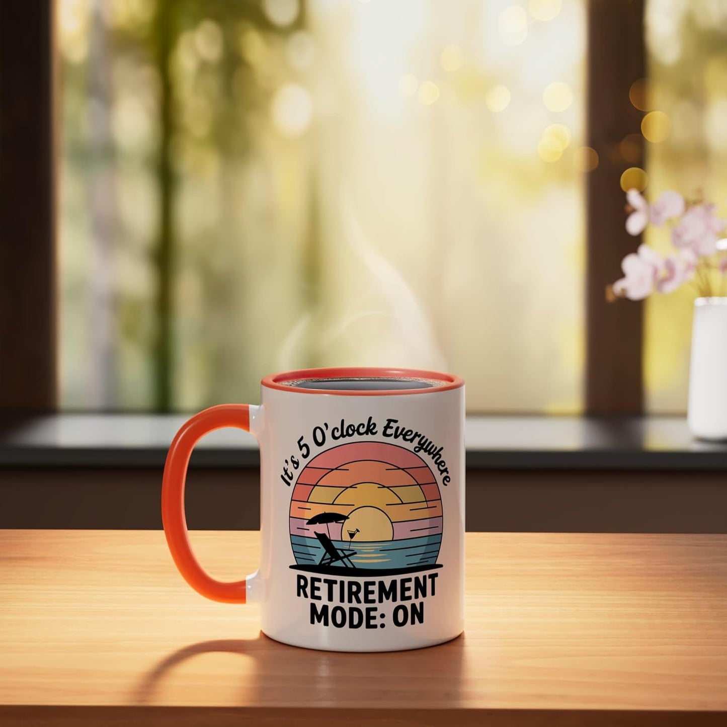 Taza cerámica para vacaciones en modo retiro, naranja/blanco
