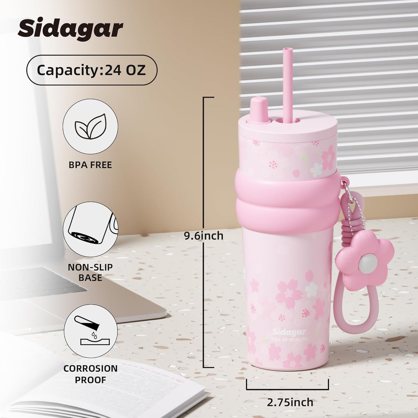 Vaso acero inox 24oz con popote térmico a prueba de fugas