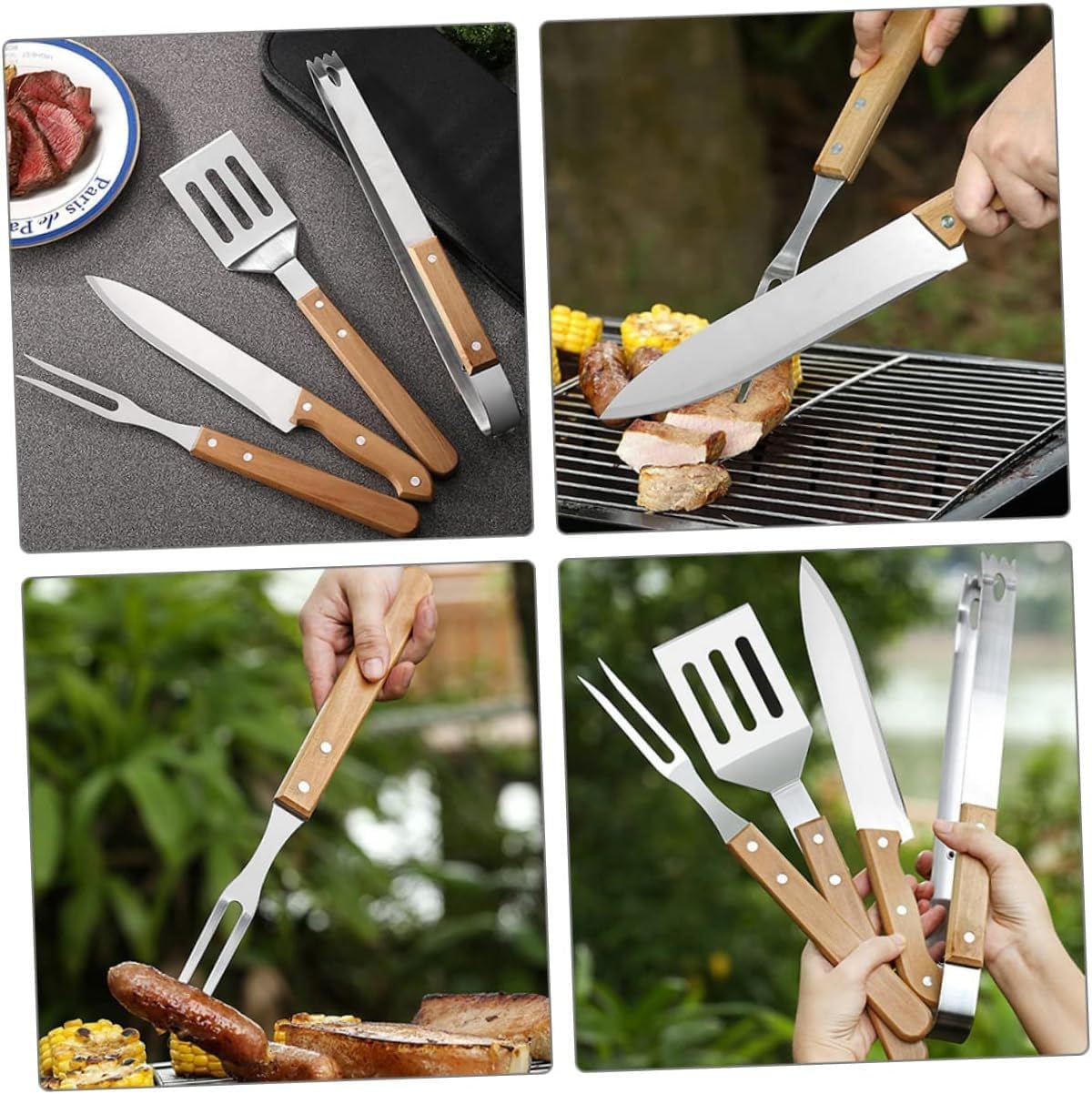 Juego herramientas parrilla acero inox asas madera