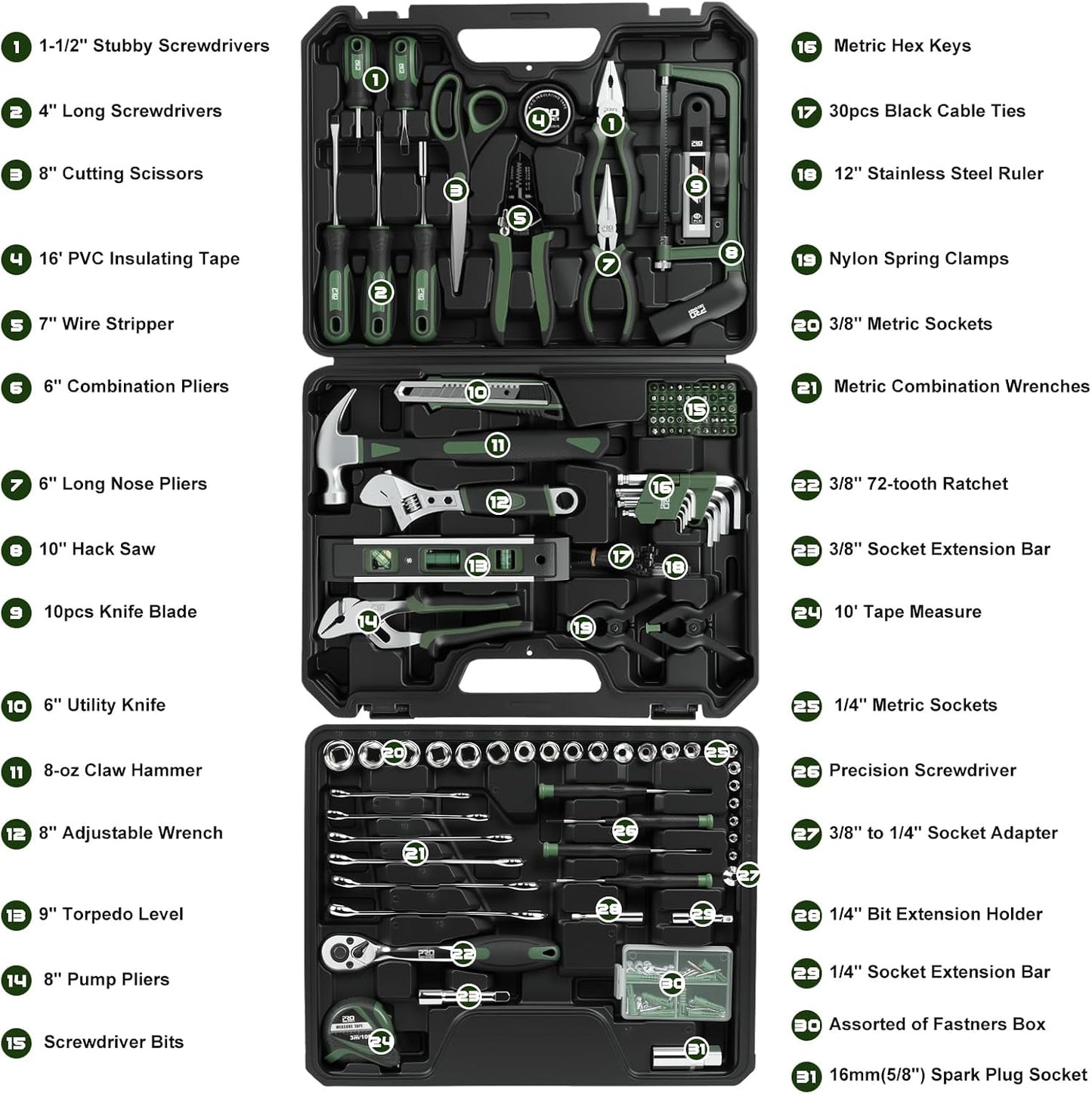 Set 269 Pzas Kit Herramientas Hogar Auto Caja Cajón Verde