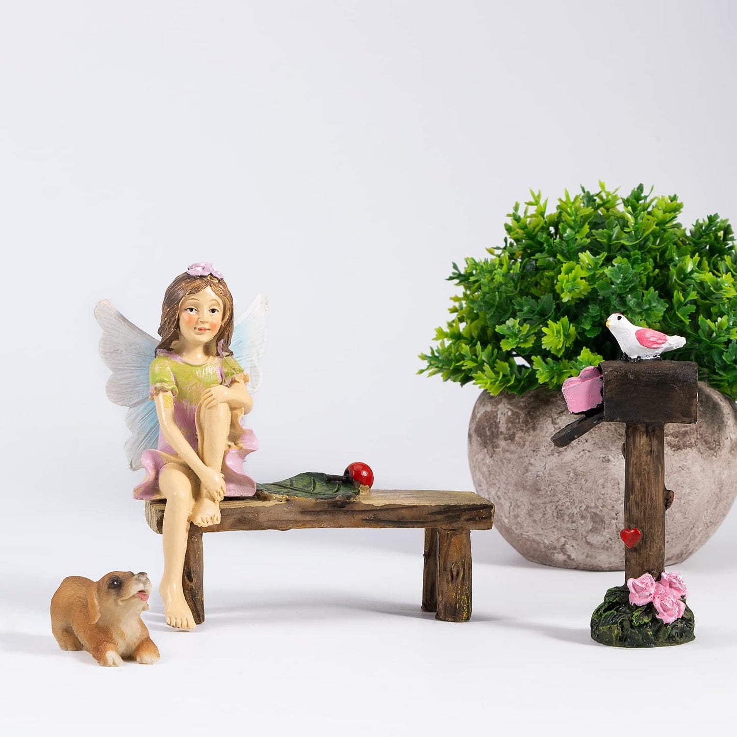 Kit accesorios jardín hadas con buzón banco y perros