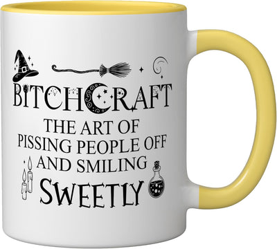 Taza cerámica Bitchcraft arte de molestar sonriendo amarillo/blanco