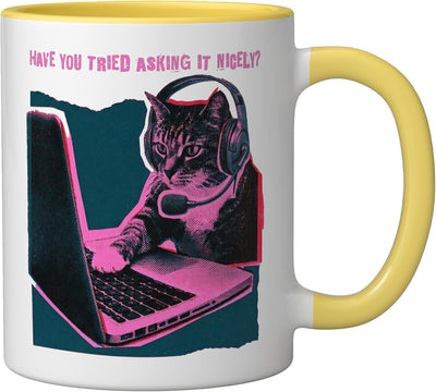 Taza Cerámica Soporte Técnico Gato Amarillo/Blanco