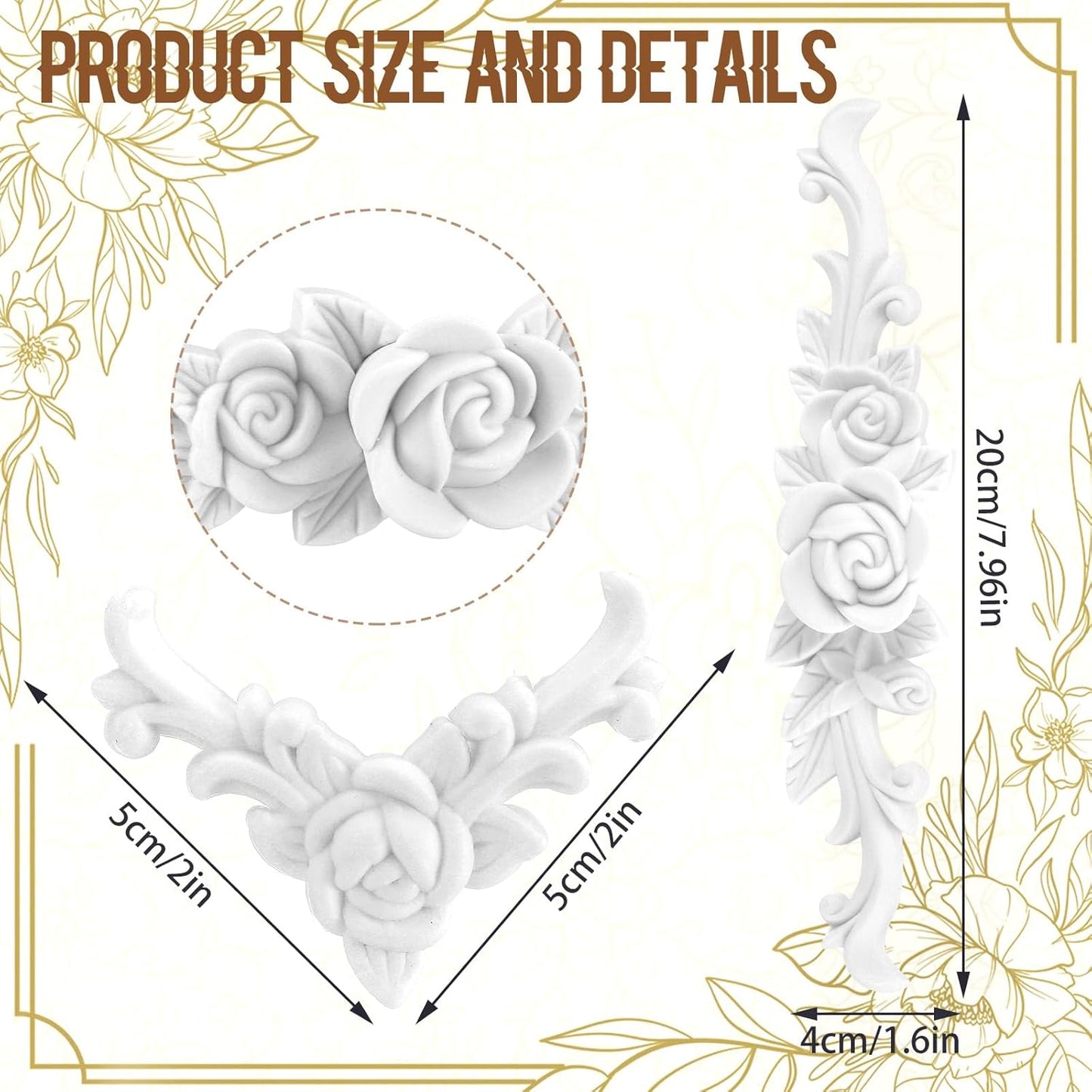 5 Apliques Florales Barroco PVC Blanco 3D Pared Esculpido