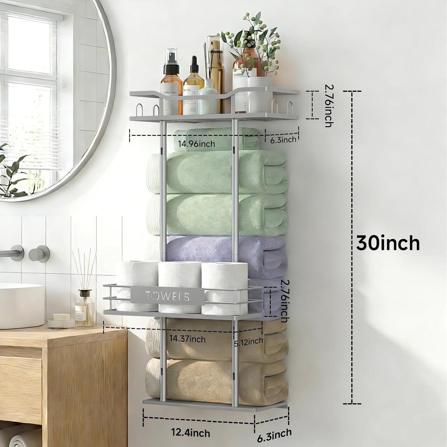 Toallero baño 30pulg con cesta pañuelos 6 toallas