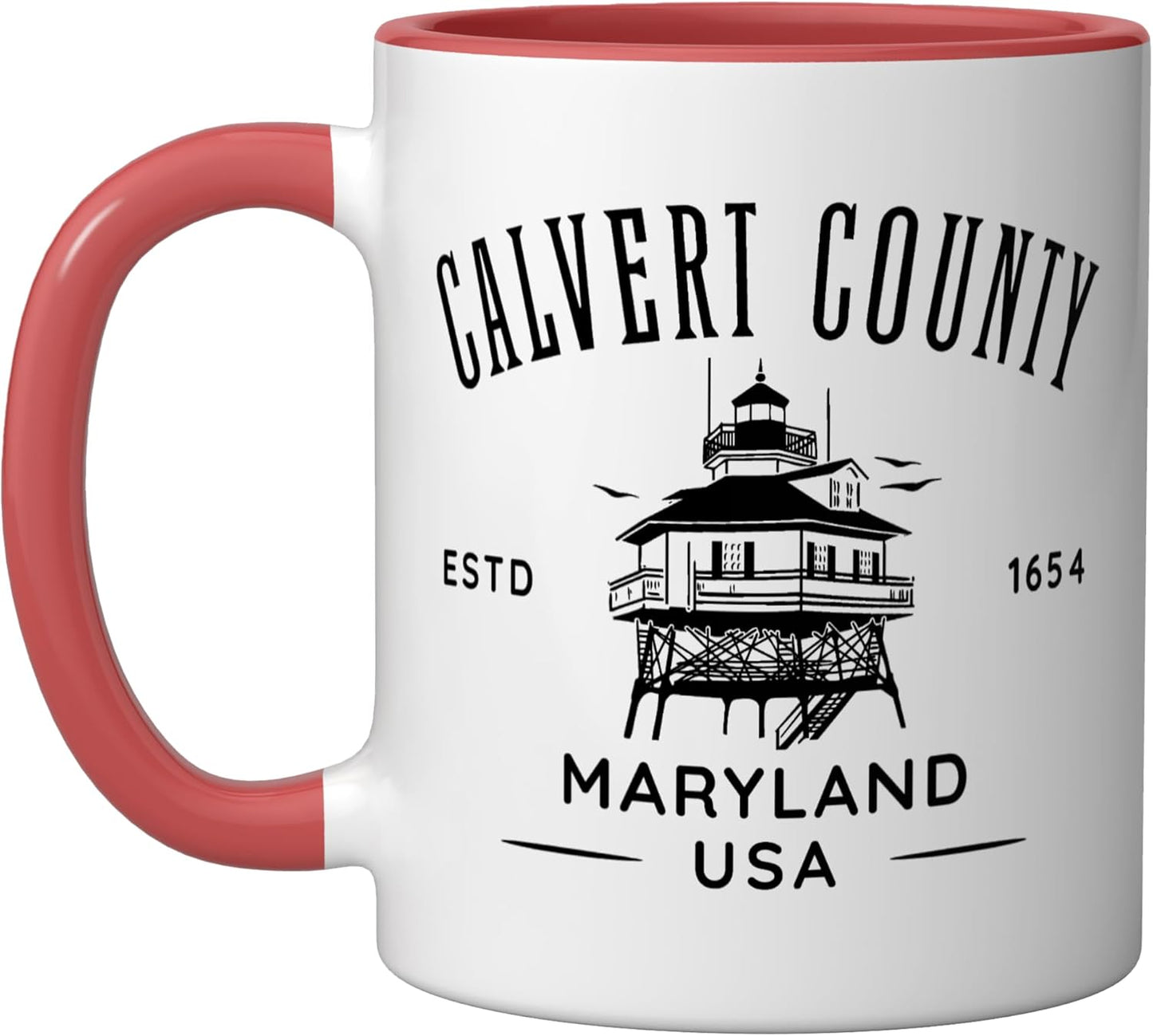 Taza cerámica diseño faro Calvert County Maryland roja/blanca