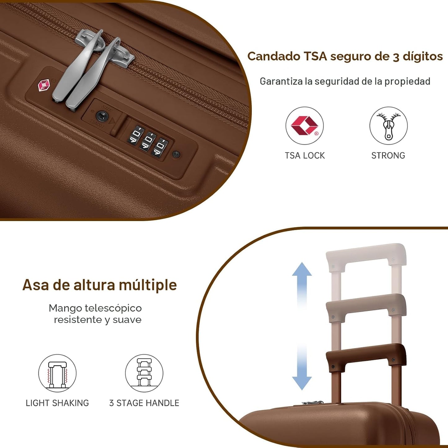 Set 3 maletas rígidas 22x14x9 con ruedas TSA Lock para mujer Mocha
