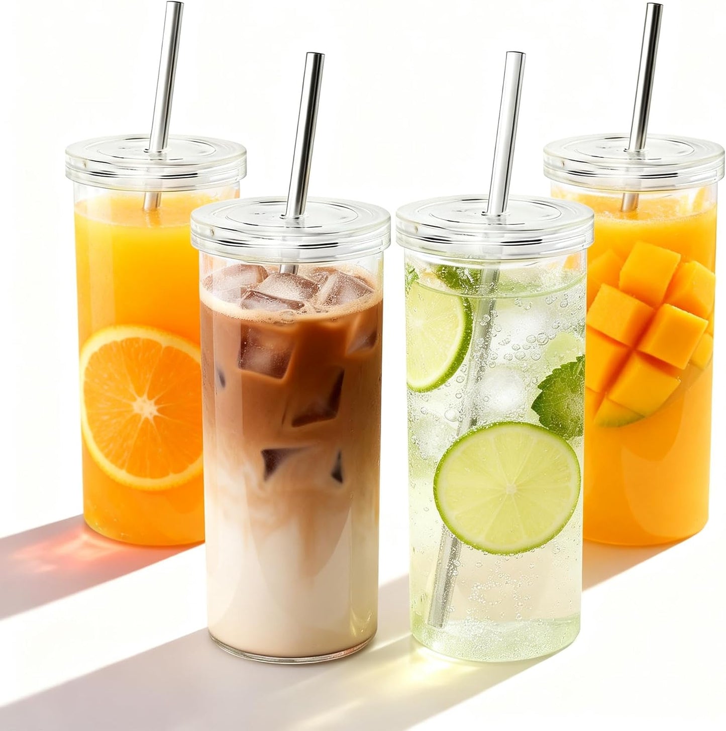 Tarros 20oz con tapa pajita set 4 vasos redondos reutilizables