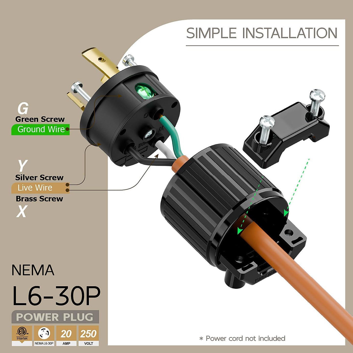 Enchufe Nema L6-30P 30A 250V conector bloqueo grado industrial