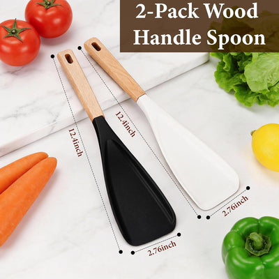 2 cucharas de cocina antiadherentes con mango de madera y espátula de silicona