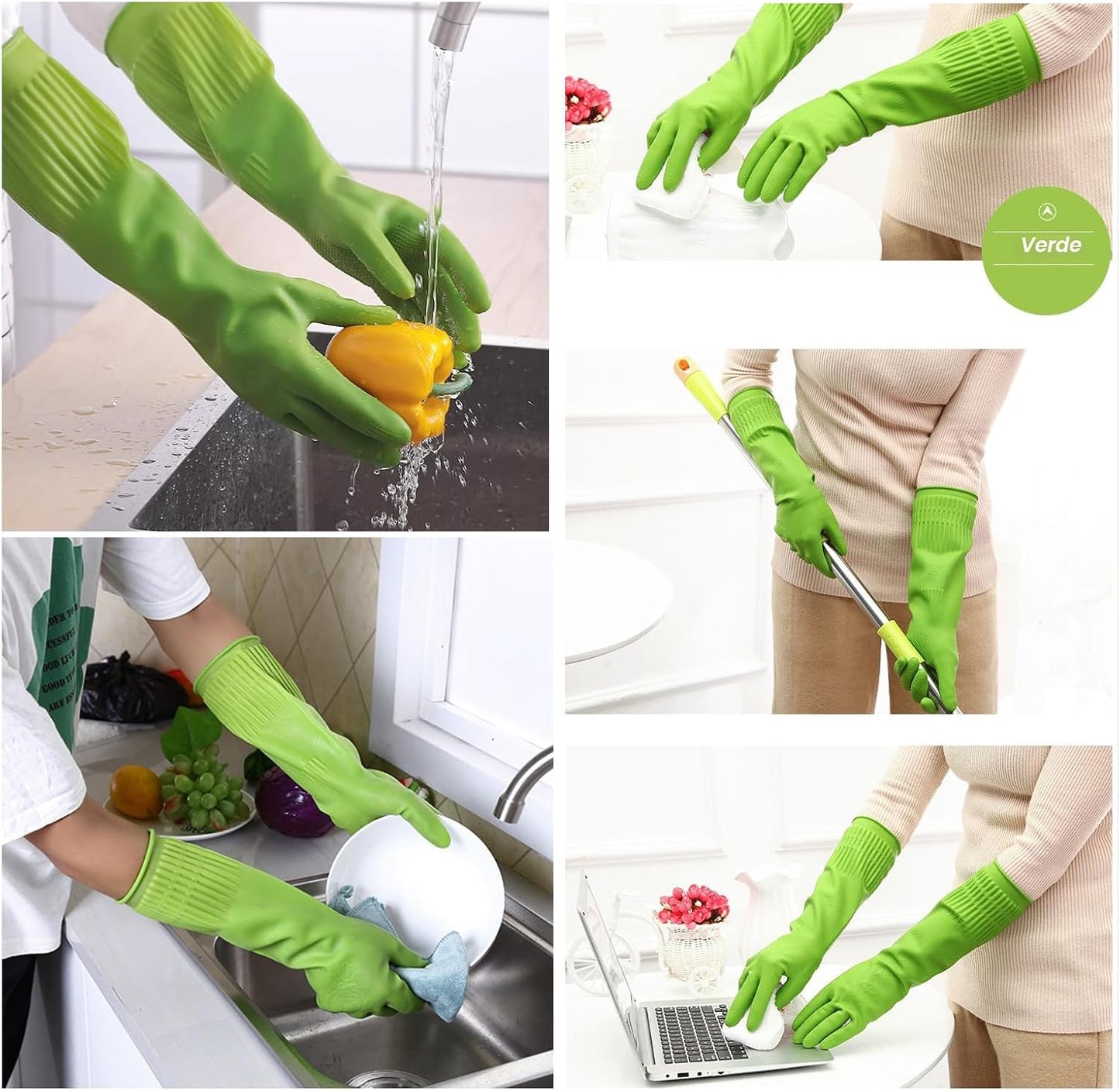 3 Pzas Guantes Goma Lavaplatos 15pulg Reutilizables Antiderrap