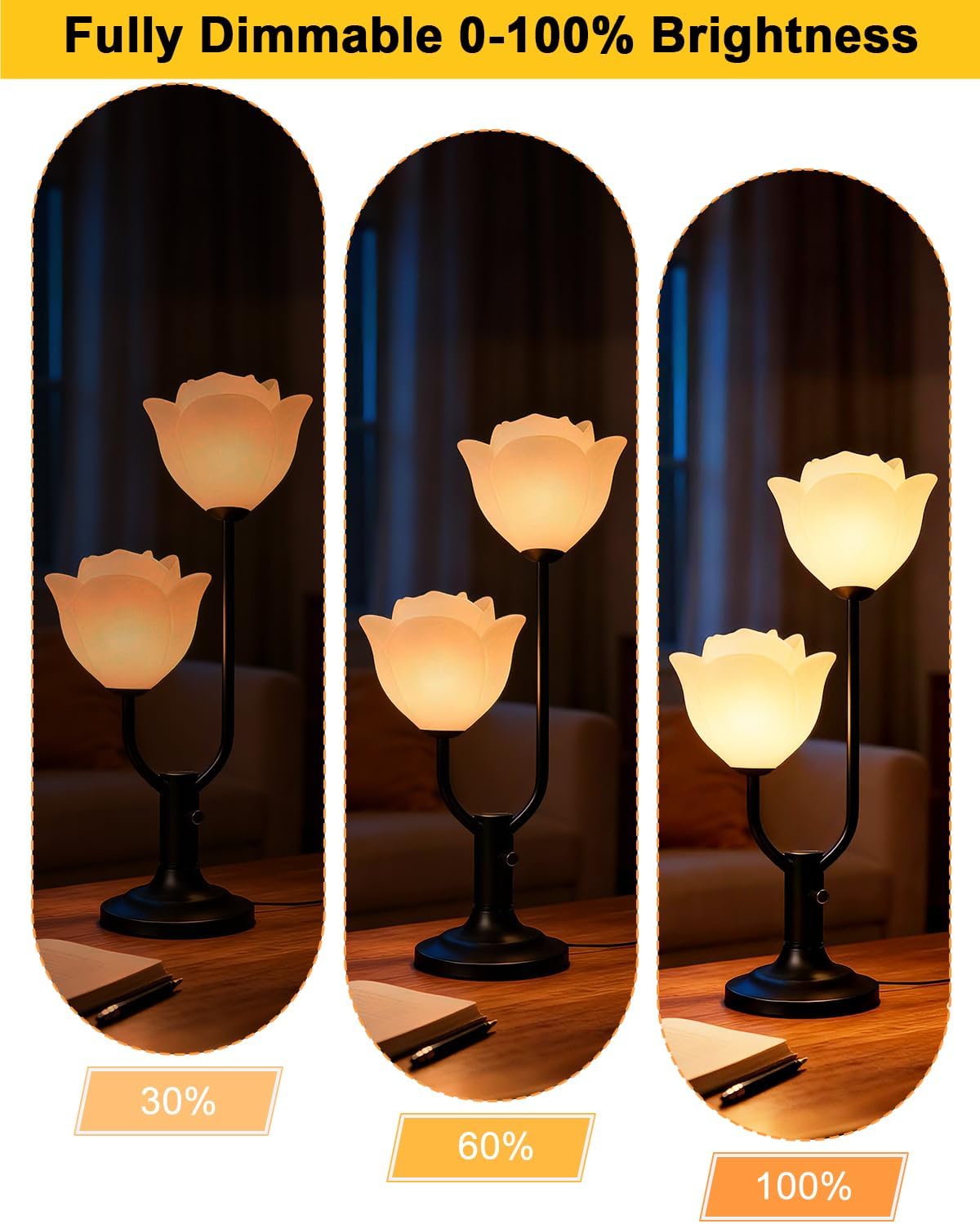 Lámpara mesita noche 2 luces flor negra regulable 0-100%