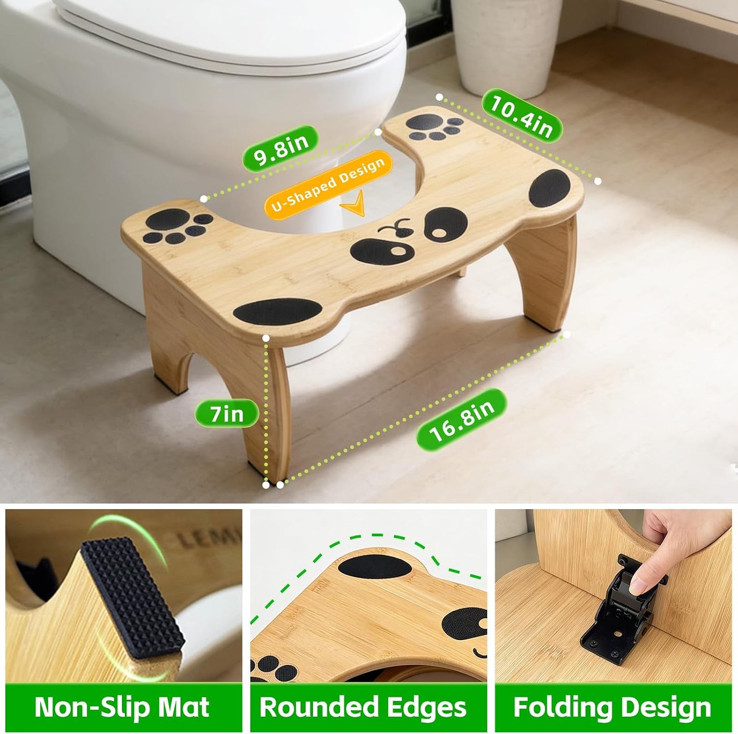 Taburete inodoro bambú plegable con pasos antiderrap