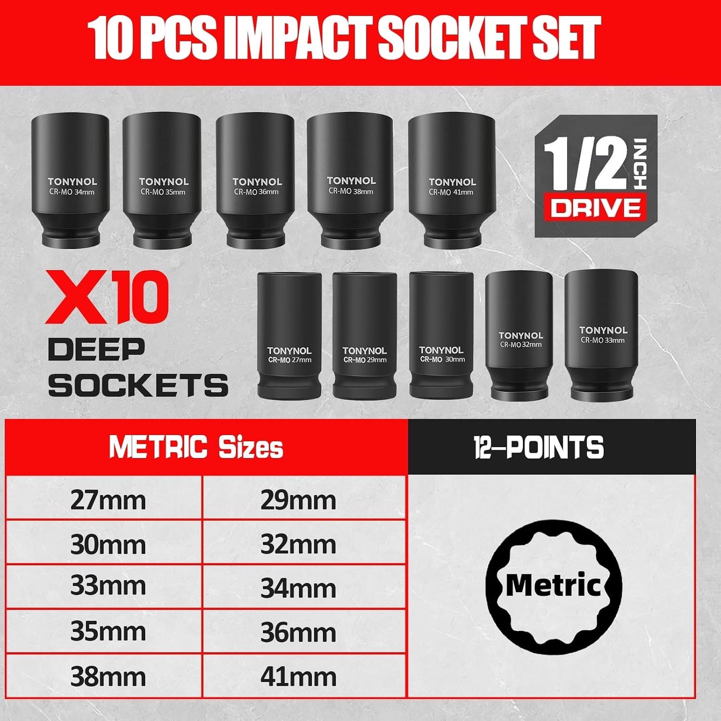 Juego 10 Pzas Llaves Vaso Impacto 1/2" Acero Cr-Mo