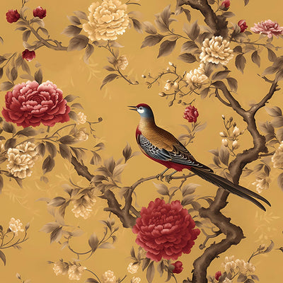 Papel tapiz autoadhesivo vintage pájaros peonías 17.5x120pulg amarillo