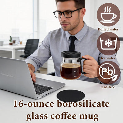 Taza café vidrio 16oz con tapa anti derrames y bola enfriamiento