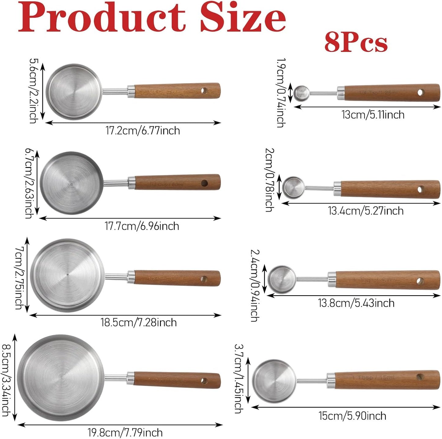 Juego de tazas y cucharas medidoras 8 piezas con mango de madera