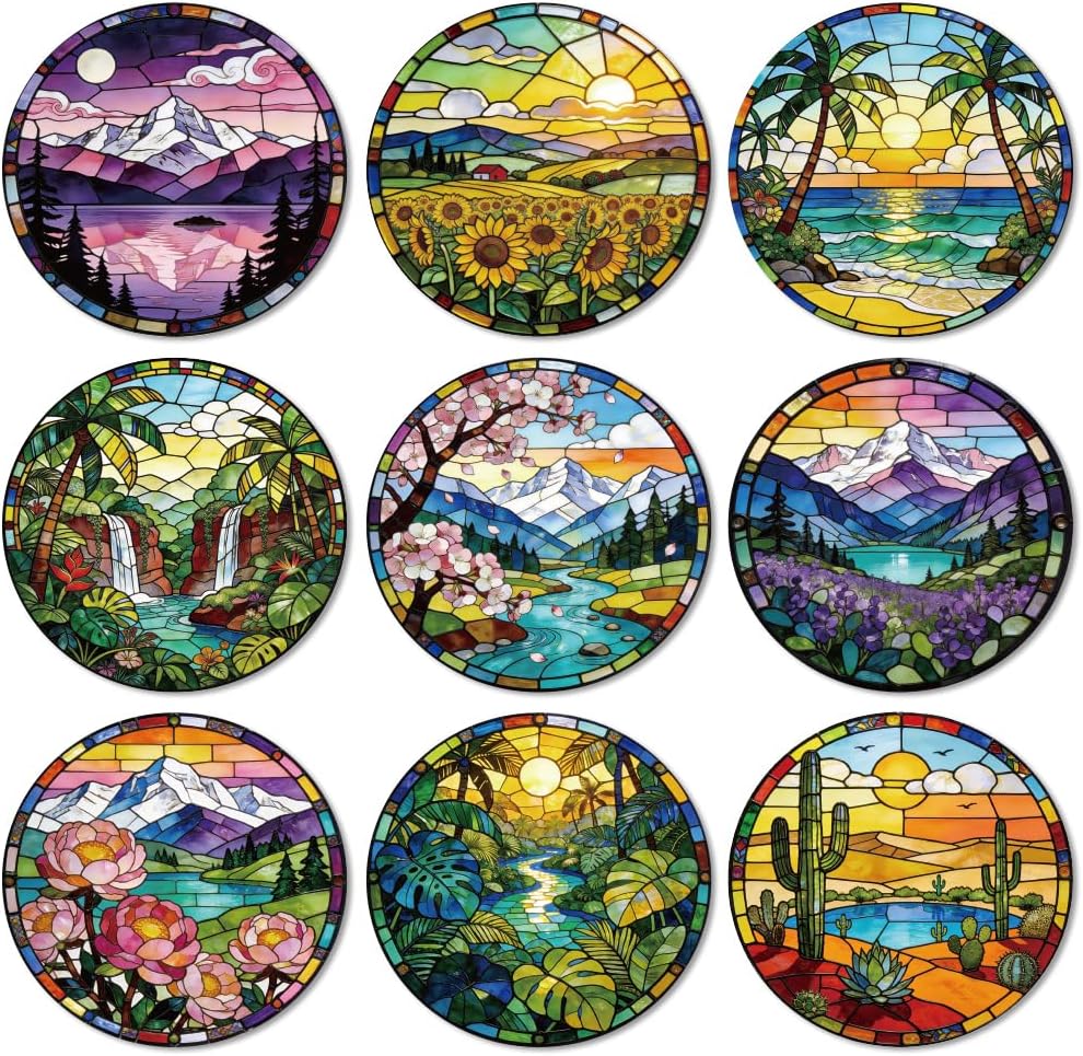 Juego de 9 posavasos de madera coloridos con patrón de paisajes