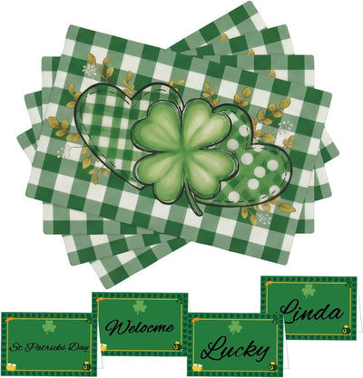 Manteles individuales San Patricio 12 x 18 pulgadas trébol de búfalo lino lavable