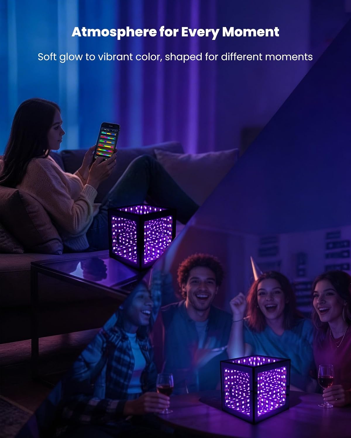 Cubo espejo infinito con luz LED RGB 3D sincronizada a música