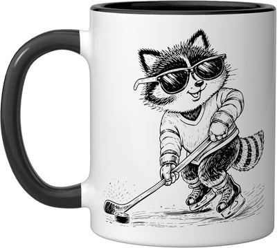 Taza de cerámica de raccoon jugando hockey sobre hielo negra/blanca