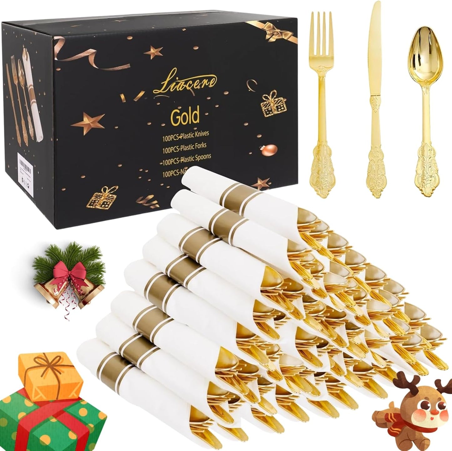 Set 400 cubiertos plástico dorado y 60 platos plástico azul