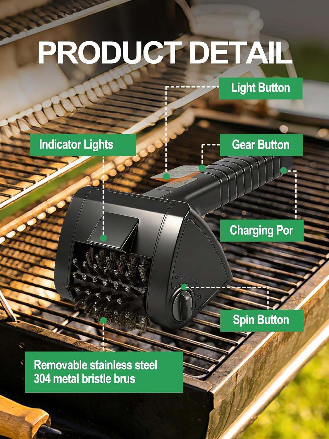 Cepillo eléctrico giratorio para parrilla acero inox 304