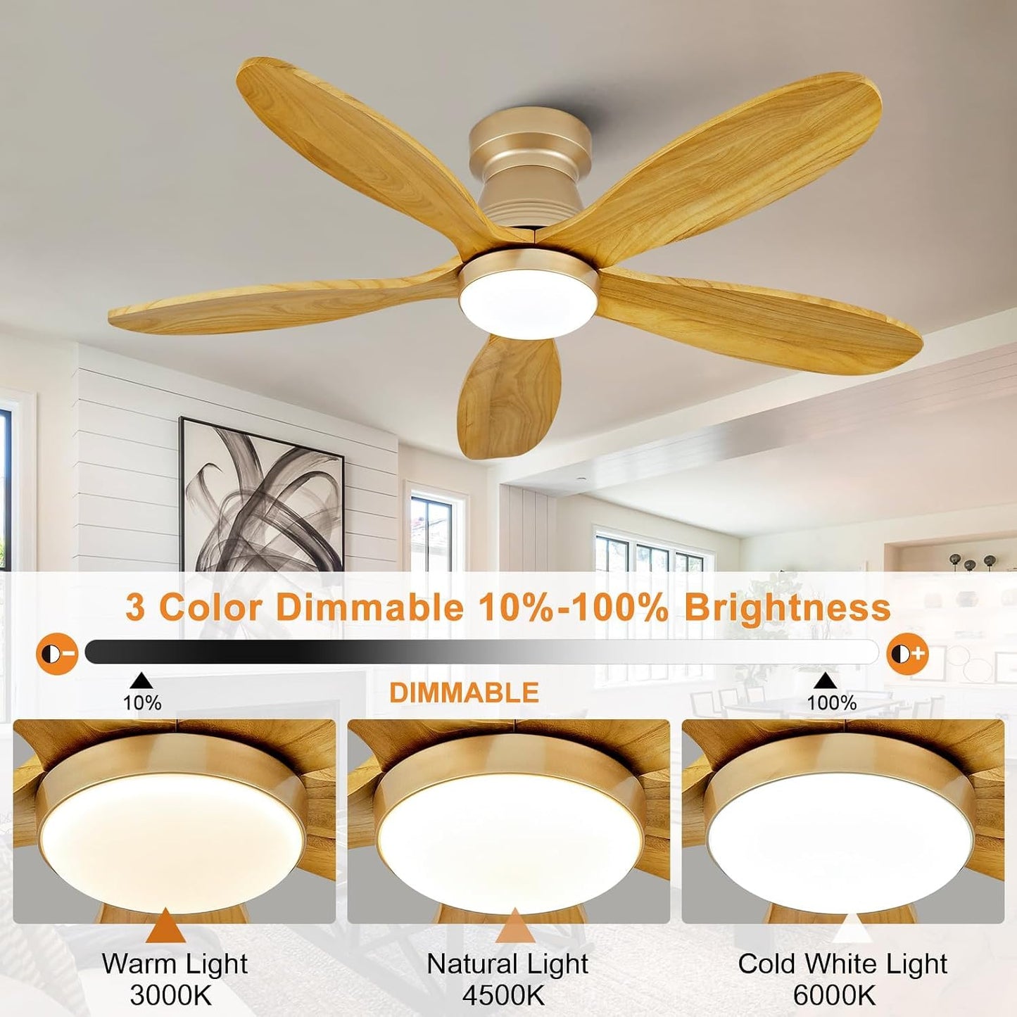 Ventilador techo madera 5 aspas 42pulg con luz control remoto