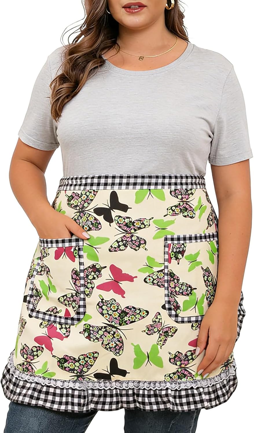 Delantal de cintura de mariposa verde talla grande para mujer