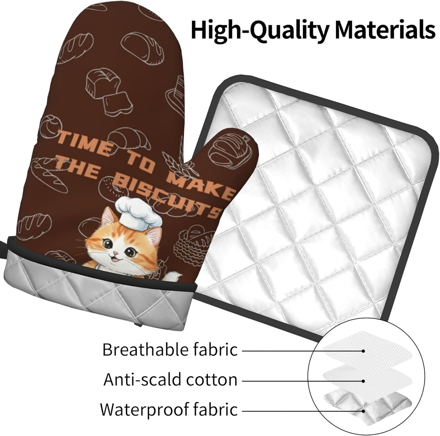 Juego de guantes de horno con patrón de gato y soporte para ollas resistente al calor