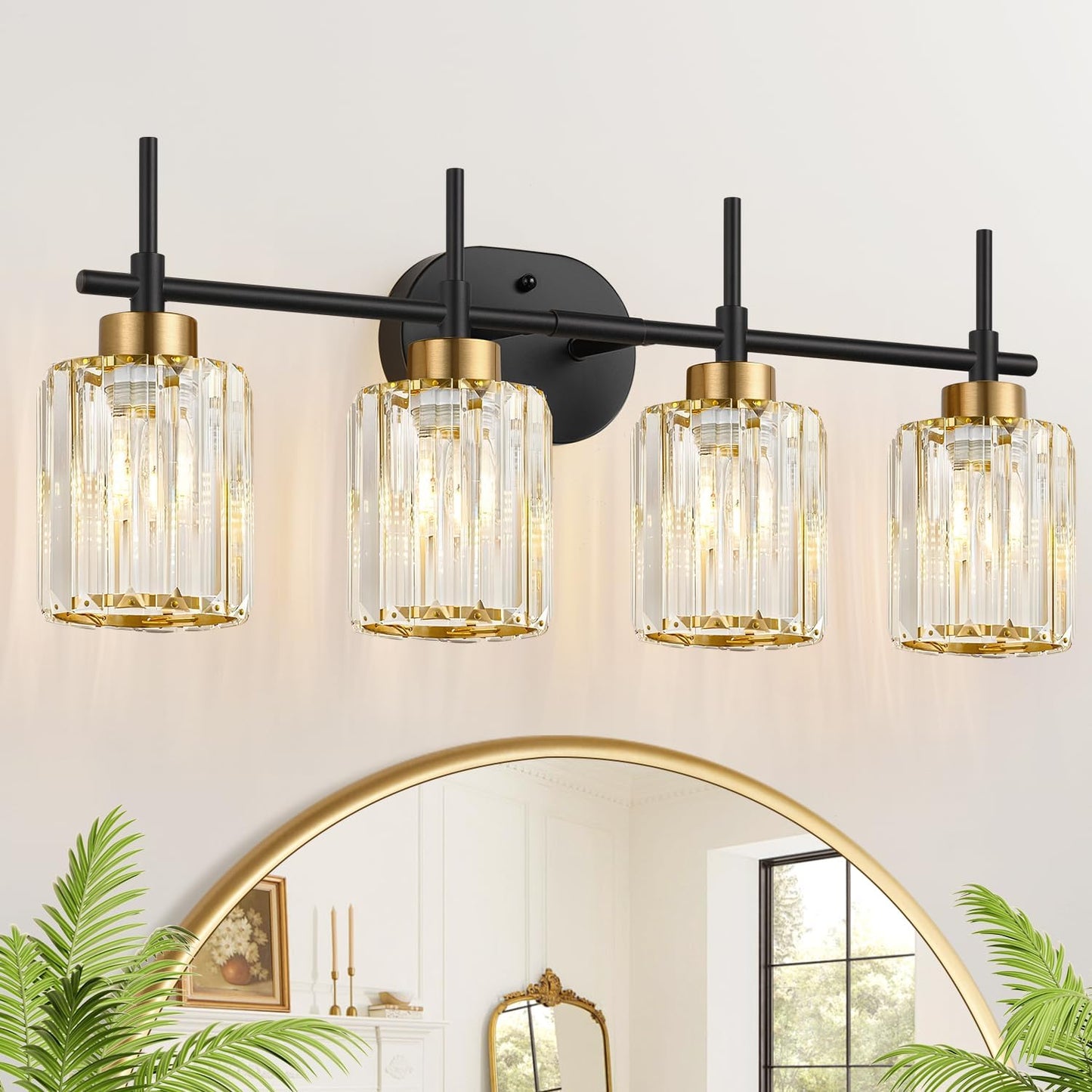 Lámpara baño cristal K9 4 luces negras y doradas aplique E26