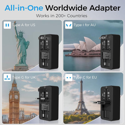 Adaptador viaje universal 3en1 con USB-A y USB-C para 150 países