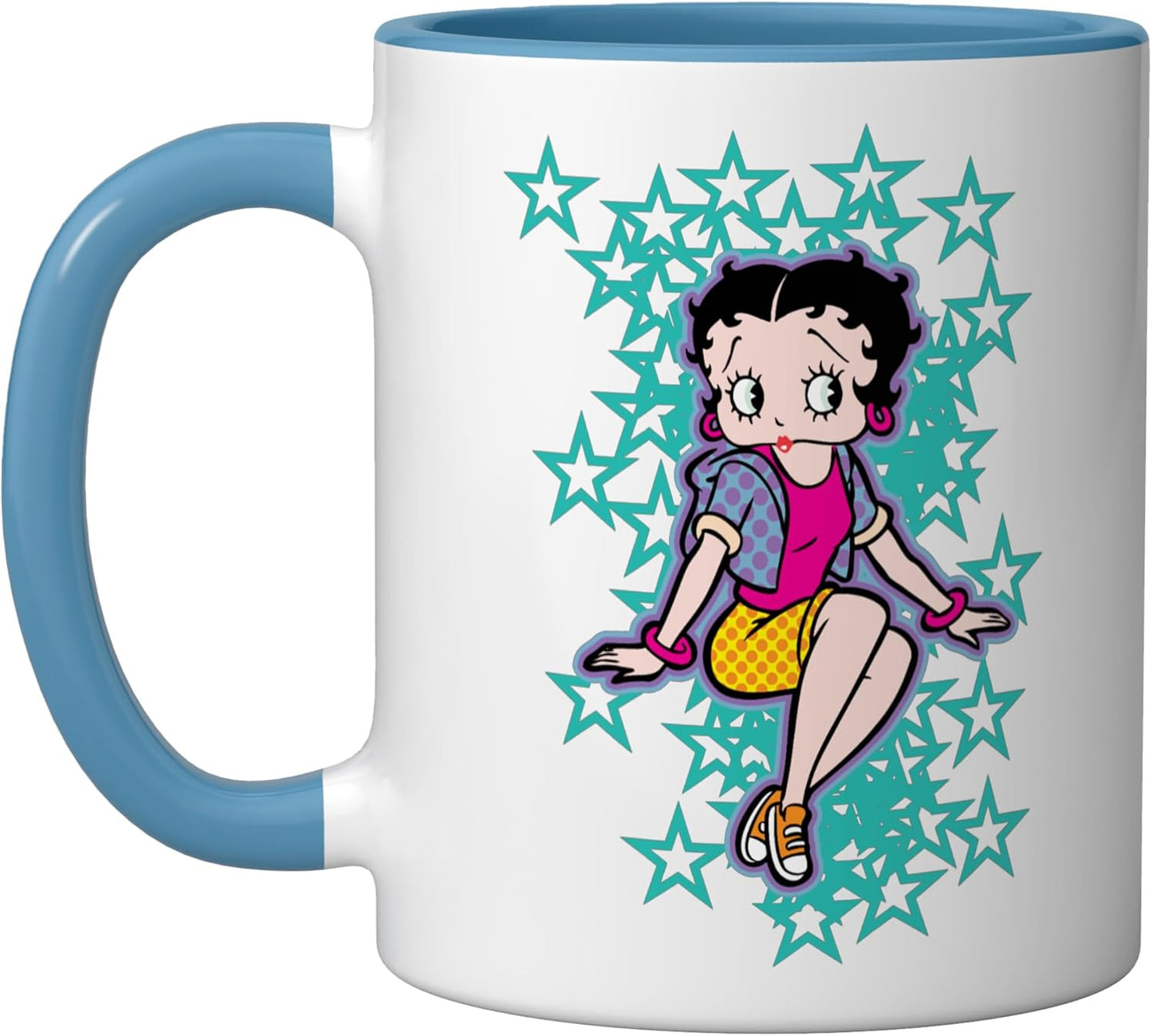 Taza de cerámica Betty Boop con estrellas turquesas azul y blanco