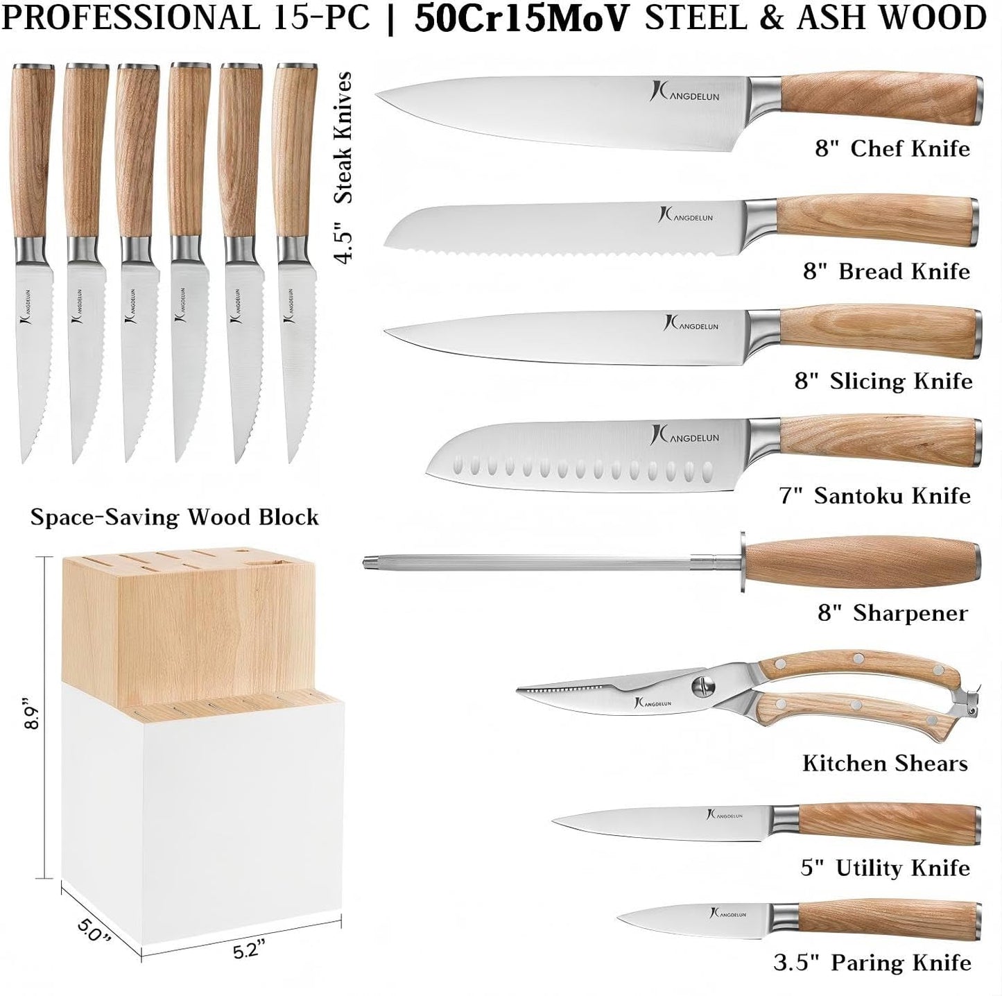 Set 15 cuchillos acero inox con afilador de 8" madera