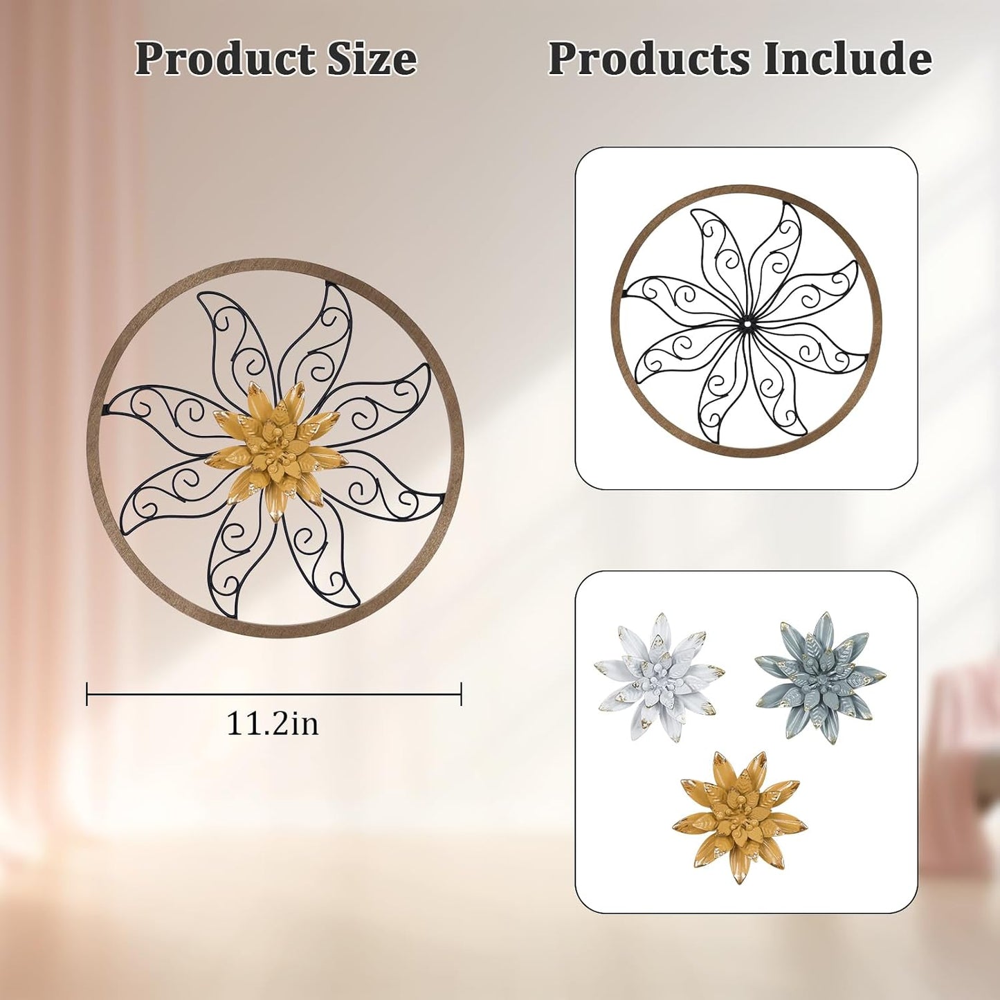 Decoración pared flores metal y madera 11pulg 3pzas
