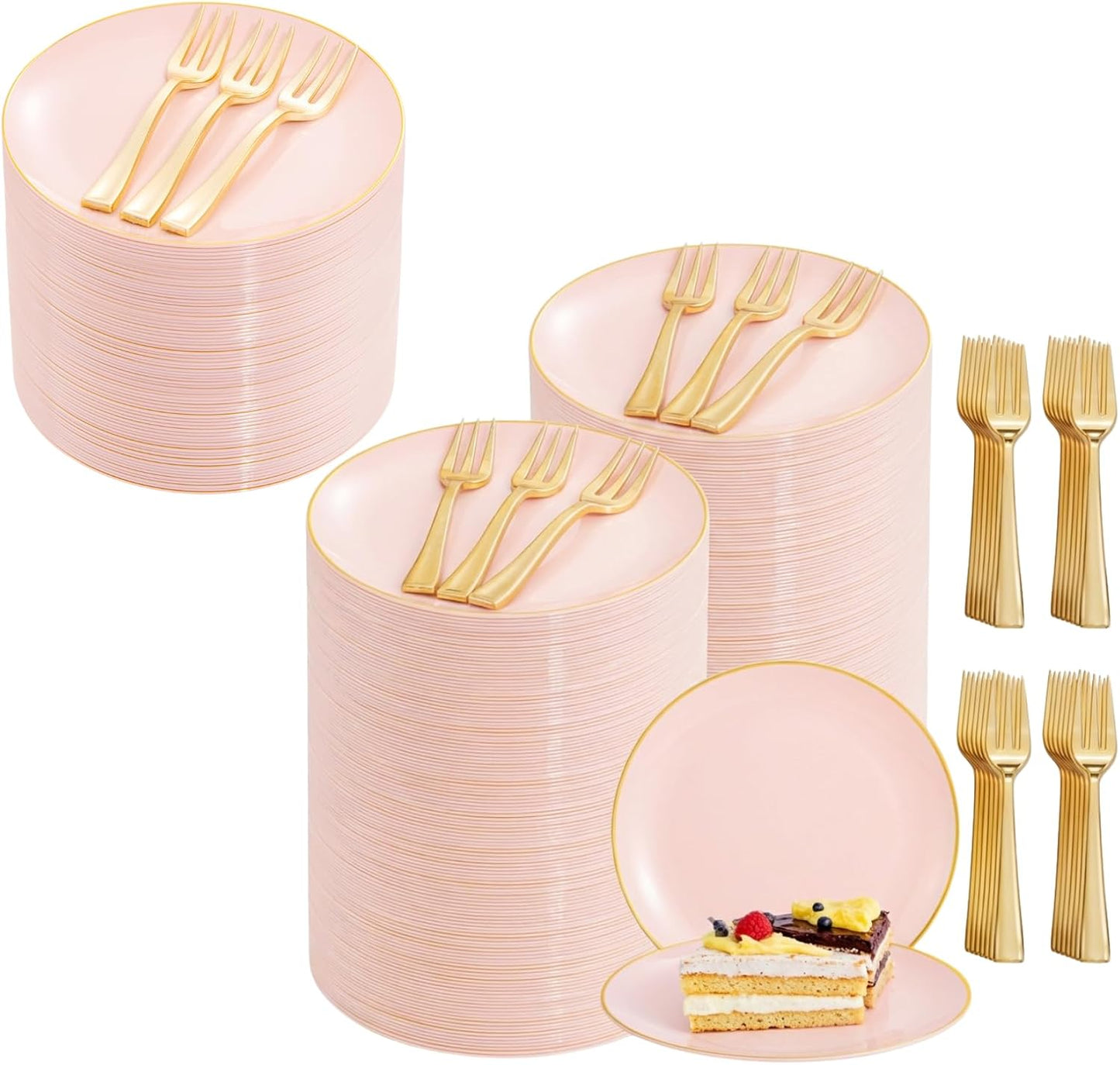 Plato Pastel Oro Rosa 6.3pulg con Tenedor 5pulg