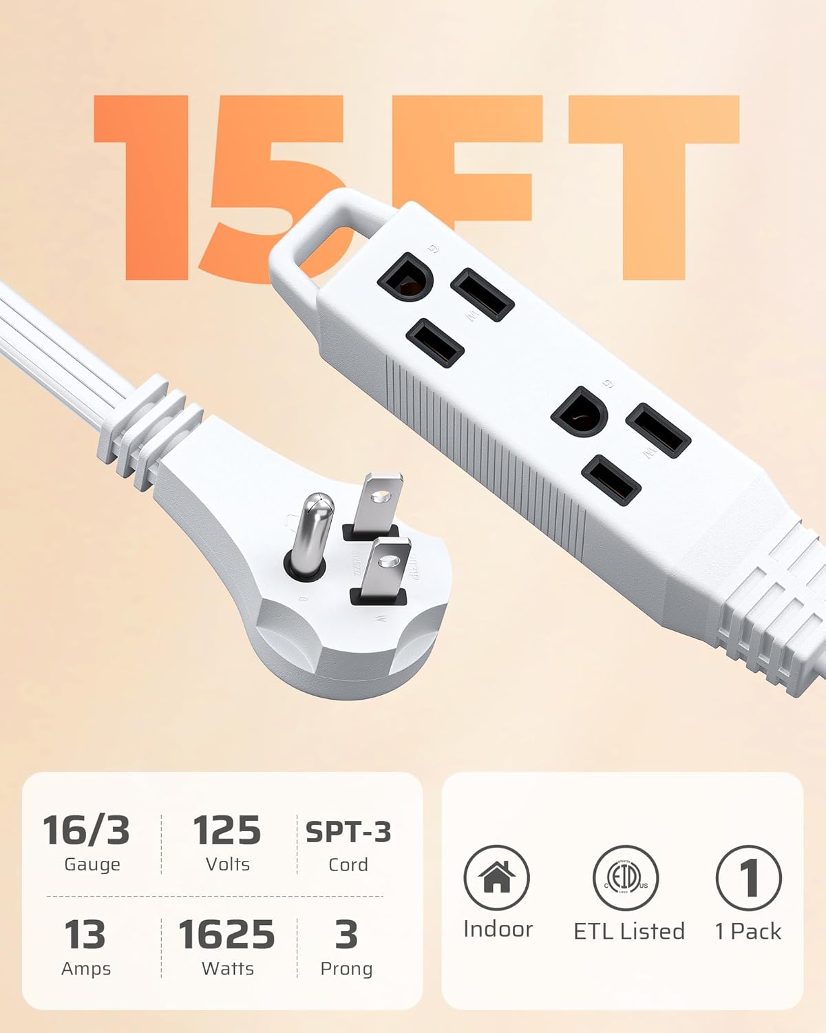 Cable extensión plano 15ft 16/3 SPT-3 con 3 tomas tierra
