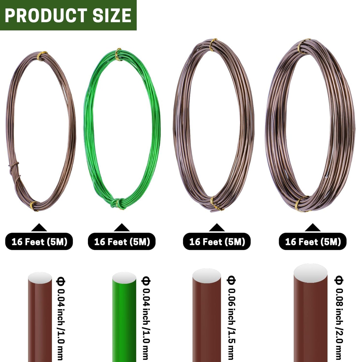 Kit alambre bonsái 4 rollos 64ft aluminio 0.039-0.079pulg