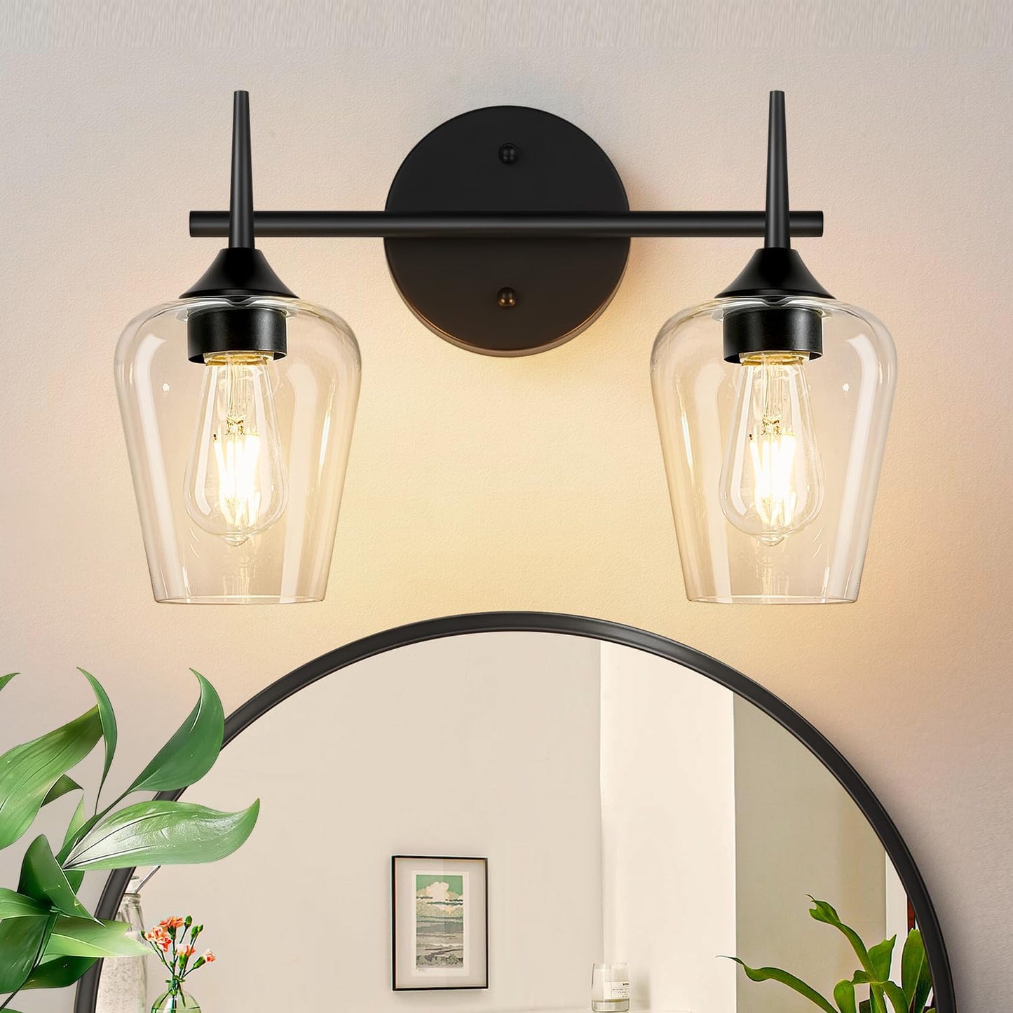 Lámpara baño 2 luces negras vidrio transparente moderna