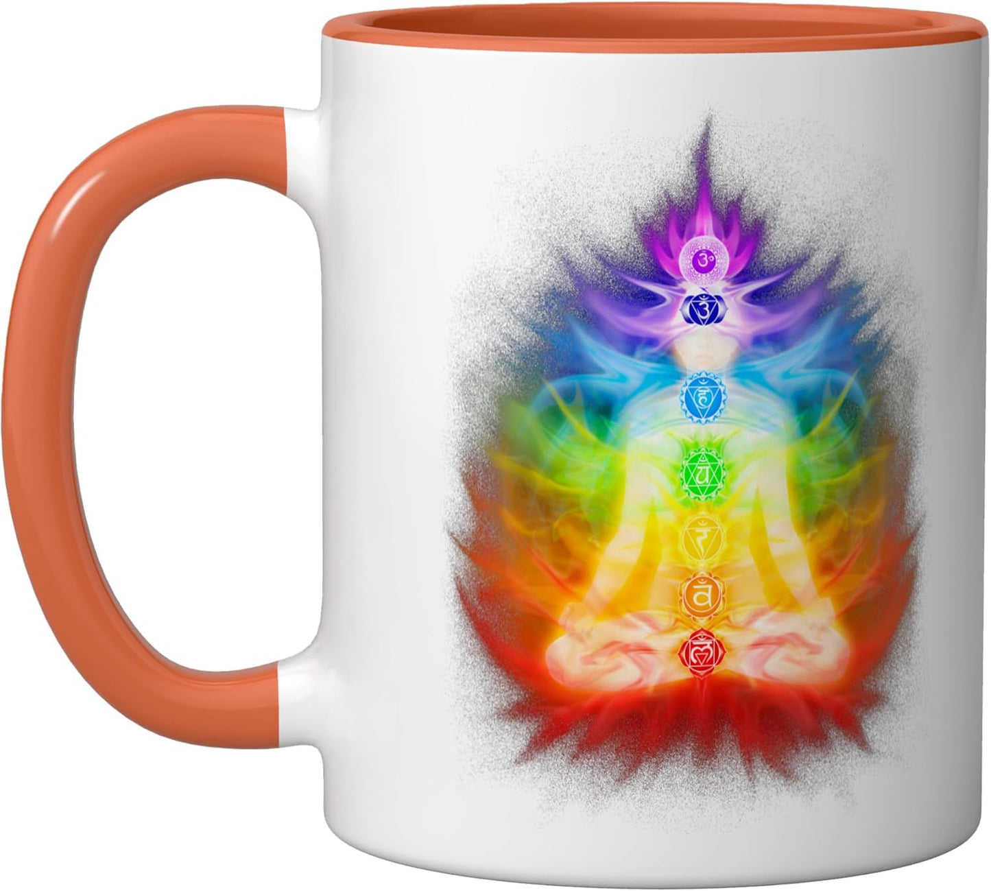 Taza de cerámica para meditación chakra siete colores naranja/blanco
