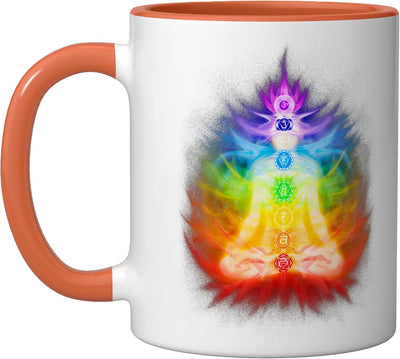 Taza de cerámica para meditación chakra siete colores naranja/blanco