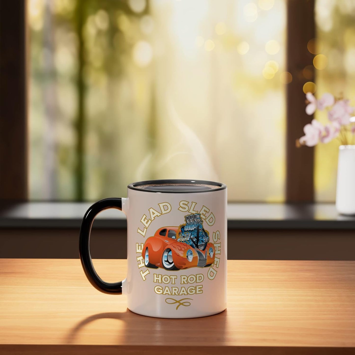 Taza cerámica The Lead Sled Shed Vintage Car Hotrod Garage Cartoon diseño negro/blanco