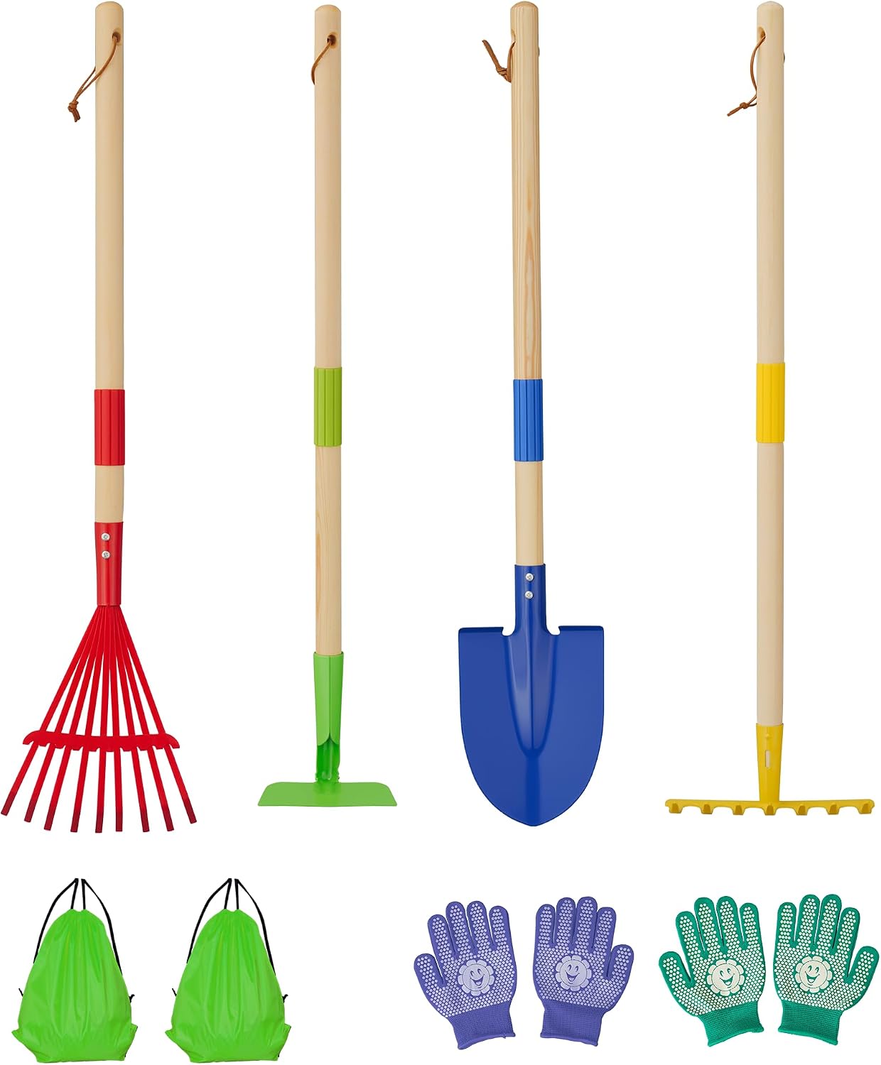 Set 4 Herramientas Jardín Madera + Guantes y Bolsas