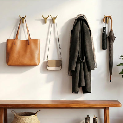 8 Ganchos pared cornamenta color dorado mate para abrigos bolsas