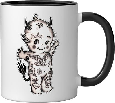 Taza de cerámica Kewpie con diseño de demonio diablo en negro y blanco